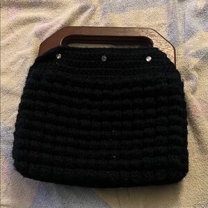 Black Crochet Handbag with Wooden Handle